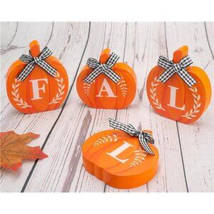 4 Pcs Fall Pumpkin Wooden Signs with 3.28 Ft Buffalo Plaid Ribbon Autumn Pumpkin
